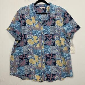 NWT Caffe Marrakesh Women's Blue Floral Boho Button Up Blouse Shirt Top Size XL